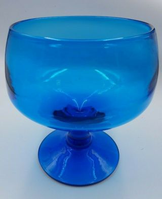 Vintage Blenko Hand Blown Glass Blue Footed Pedestal Fruit Bowl Mcm