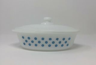 Vintage Glasbake Blue Dots 1 Qt Oval Casserole Dish W/ Lid J235 - 11 Usa Vg