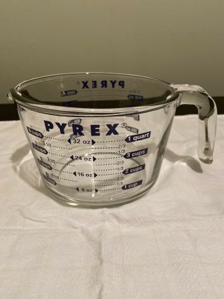 Vtg Usa Pyrex 4 C.  /1 Qt.  Clear Glass W/blue Lettering Measuring Cup