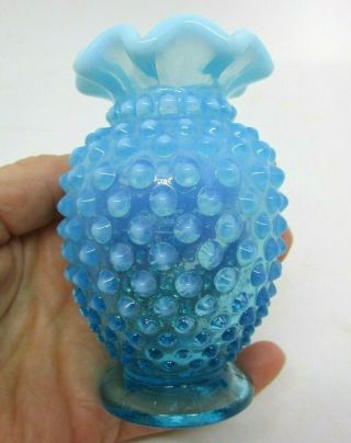 Vintage Fenton Aqua Blue Opalescent Hobnail Vase,  3 3/4 "