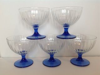 5 Vtg Cobalt Blue Stemmed Sherbet Dessert Glasses Goblets Clear Ridged Bowl Euc