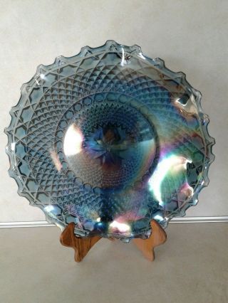Vintage Indiana Blue Iridescent Carnival Glass Ruffled Edge Diamond Pattern Dish