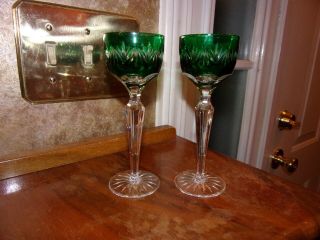 Set 2 Vintage Ajka Emerald Green Cut To Clear Crystal Cordial Glasses Tiny Chip