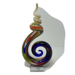 Glass Art Yellow Blue Red Spiral Swirl Figurine Paper Weight Sculpture 11.  5 "