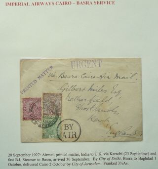 India 20 Sep 1927 Airmail Cover From Bombay Via Basra & Cairo To England