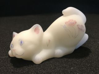 Fenton White Satin Glass Crouching Cat Hand Painted Pink Purple Flowers Signed