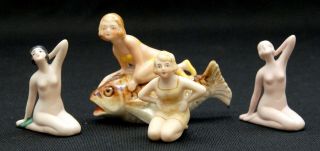 4 Vintage German Bisque Porcelain Bathing Beauty Doll Figurine Nude Risque
