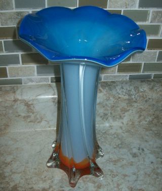 Murano Style Jack In The Pulpit,  Blues & Orange Art Glass Vase 9.  5 "
