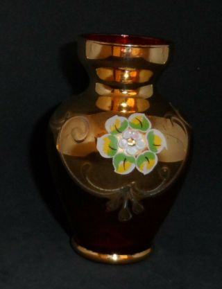 Vintage Murano Venetian Bohemian Red And Gold Art Glass Vase Hand Painted