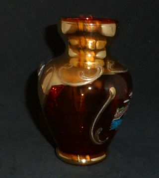 Vintage Murano Venetian Bohemian Red and Gold Art Glass Vase Hand Painted 2
