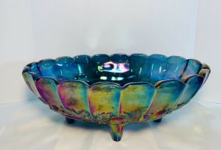 Vintage Blue Carnival Glass Large Oval Footed Fruit Bowl Iridescent Indiana Dish