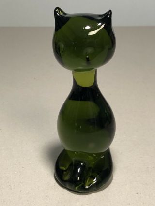 Vintage Viking Art Glass Green Hand Made Cat Figurine Danish Modern Deco Eames