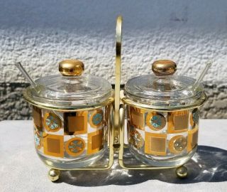Jeannette Glass Condiment Jars in Caddy Gold Turquoise Design by Culver.  Vintage 2