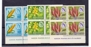 Rhodesia 1967 - 8 2/ - /20c,  1/6/15c,  1/ - /10c Mnh Imprint Blocks Of 4 Cat £39
