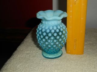 Vintage Fenton Hobnail Blue Opalescent Glass Small Bud Vase Ruffled Top
