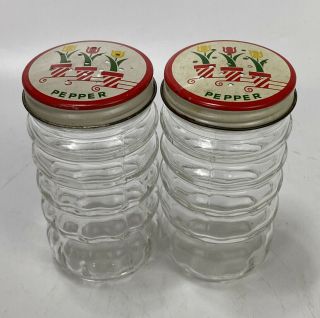 Vintage Anchor Hocking Fire King Tulip Glass W/ Tin Lid Glass Pepper Shakers 4 "