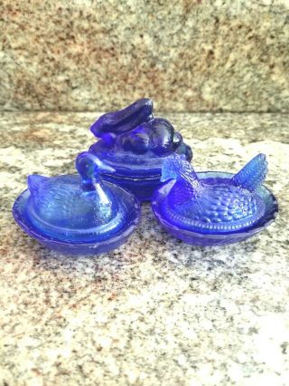 3 Mini Cobalt Blue Rabbit/hen & Duck On A Nest Dish