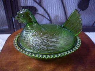 Vintage Indiana Glass Green Hen On A Nest Covered Candy Dish