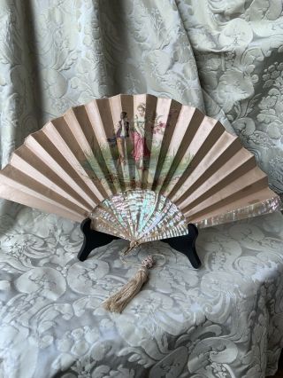 Antique French Fan/mother Of Pearl & Silk/ Eventail Ancien/ 1900/ Guironnet