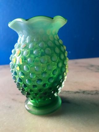Vintage Fenton Green Opalescent Hobnail Vase 3 3/4 " X 2 1/2 "