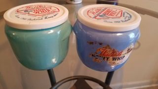 2 Vintage Glasbake Honey Whip Jars With Lids Green And Turquoise