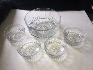 Arcoroc Glass Bowl W/ 4 Berry Soup Bowls Clear Crystal Starburst Diamond Pattern