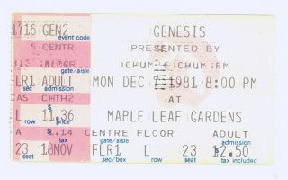 Genesis 12/7/81 Toronto Ontario Canada Maple Leaf Gardens Concert Ticket Stub