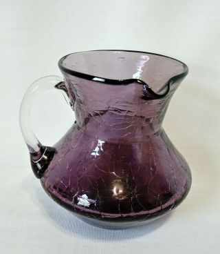 Vintage Miniature Hand Blown Purple Amethyst Crackle Glass Left Handed Pitcher