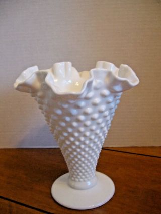 Vintage Fenton Hobnail Ruffled Edge White Milk Glass Vase 8 " Tall Euc