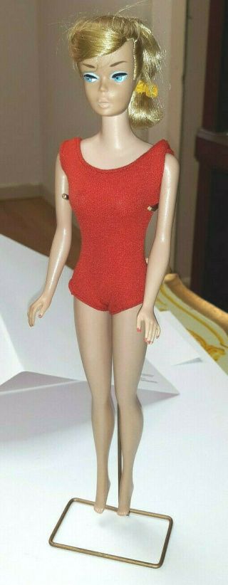 Vintage Mattel Blonde Swirl Ponytail Barbie Doll W Ribbon Swimsuit & Stand