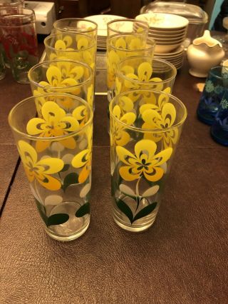 8 Vintage Yellow And Green Flower Floral Water Juice Glass Tumbler