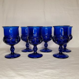 6 Tiara Kings Crown Thumbprint Cobalt Blue 5 3/4 " Goblets Wine Glass