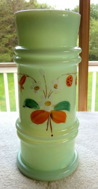 Fiery Opalescent Green Victorian Bristol Glass Vase Enameled Flowers Exceptional
