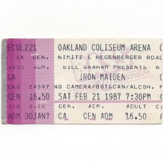 Iron Maiden Concert Ticket Stub Oakland California 2/21/87 Somewhere On Tour Htf