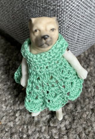 Bisque Hertwig Carl Horn Miniature Jtd 2.  25” Tiny Bull Dog Adorable Green Dress