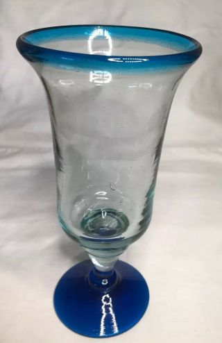Vintage Hand Blown Glass,  Aqua Blue Wine Goblet Air Bubbles In Glass 7 3/4