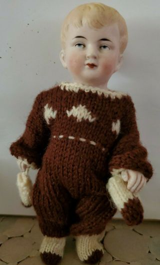 Antique German All Bisque Boy Doll Molded Hair & Shoes,  In Knit Clothes
