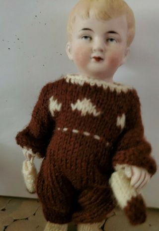 Antique German All Bisque Boy Doll molded Hair & Shoes,  in knit clothes 3