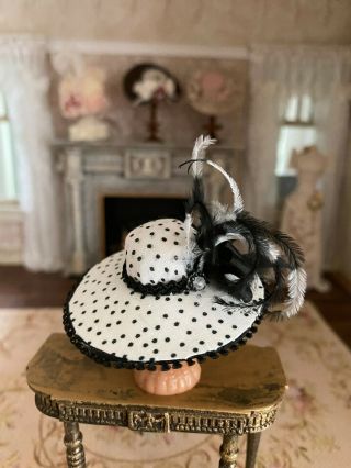 Vintage Miniature Dollhouse Artisan Polka Dot Silk Victorian Ladies Hat & Stand