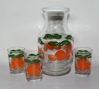 Anchor Hocking Glass Orange Juice Carafe Pitcher & 3 Glasses Orange Design Retro