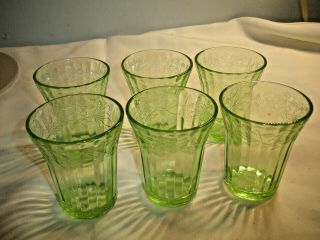 6 Jeannette Cherry Blossom Green Depression Glass Flat Bottom Juice Tumblers