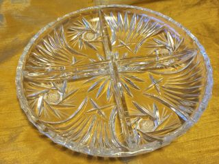 Vtg Divided Quarters Cut Crystal Glass 8 " Round Dish Bowl W Notched Rim / Stars