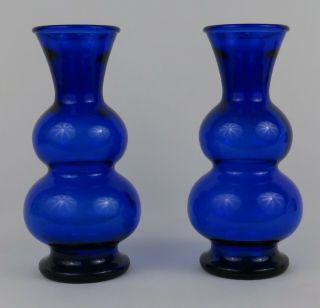 Vintage Cobalt Blue Ribbed,  Double Garlic Vases 1 - Pair 6 " Tall