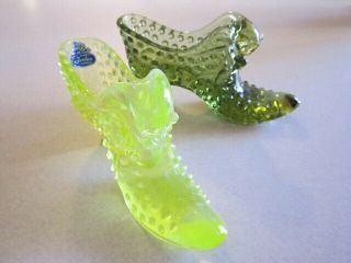 Vtg.  " 2 " Fenton Vaseline/green Hobnail Cat Head Glass Slippers