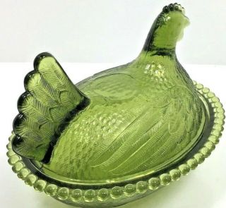 Vintage Indiana Depression Glass Green Hen On Nest Bowl Dish