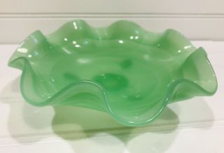 Vintage Fenton Jade Jadite Ruffled Green Glass Footed Bowl,  Candy Dish