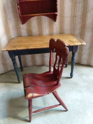 Dollhouse Miniature Artisan Cindy Malon Primitive Table & Chair & wall shelf 2