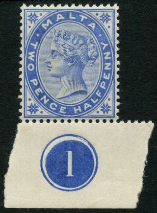 Malta 1885 - 90 2 1/2d Blue Marginal Plate Number Lightly Mounted