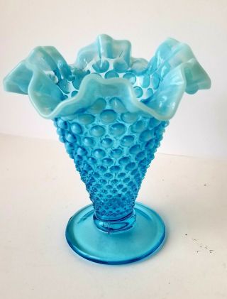 Vintage Fenton Aqua Blue White Opalescent Hobnail Vase 5.  75 " Trumpetruffled Edge