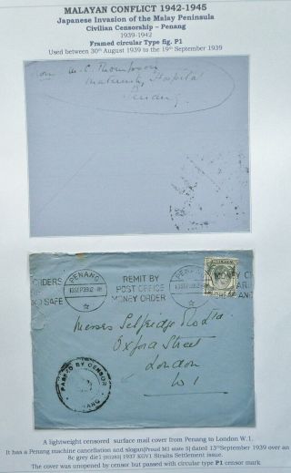 Malaya 13 Sep 1939 Wwii Cover From Penang To London,  England - Censored - See